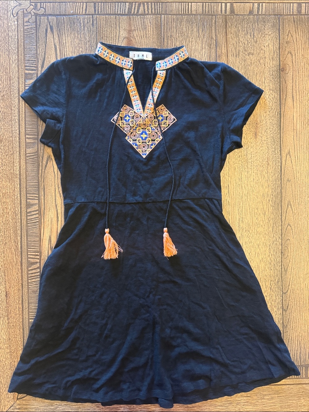 THML Black Mini Dress with Orange Tassels and Multicolor Embroidery